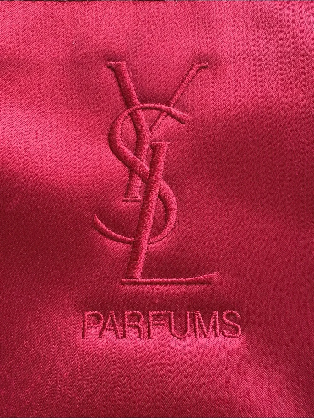 YSL Parfums Red Satin Cosmetic Makeup Bag Zip Travel Pouch Vanity Case